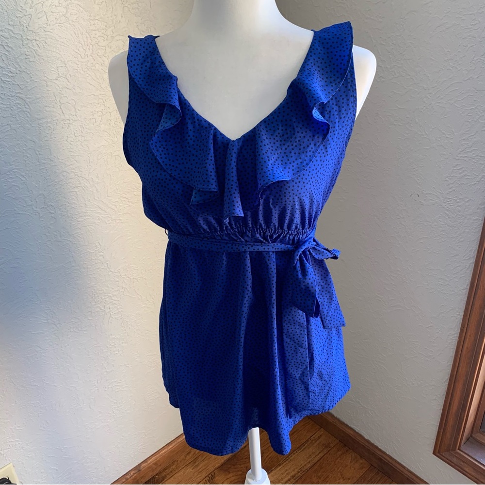Motherhood Maternity | Royal Blue w/ Black dots Ruffle Blouse Tank Top | Sz S - Picture 1 of 13